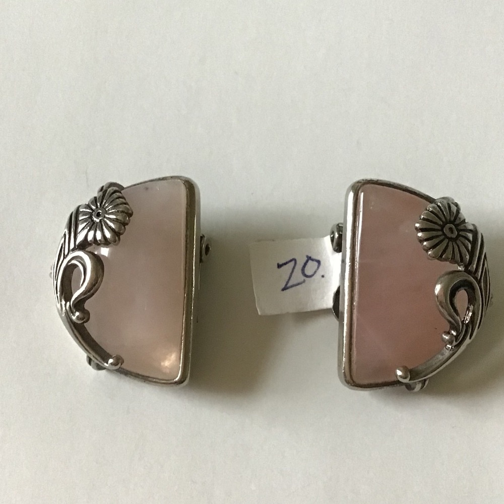 Vintage Silver Clip Earrings with Pink Quartz